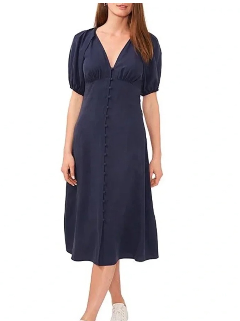 Navy V-Neck Midi Dress with Button Front